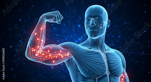 Glowing illustration of human anatomy highlighting the arm's muscles and nervous system in blue