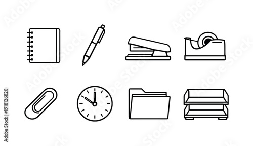 Office desk productivity essentials: notebook, ballpoint pen, stapler, tape dispenser, paper clip, desk clock, file folder, document tray