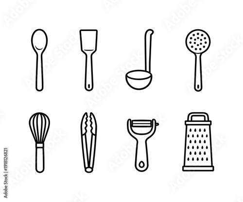 Home kitchen utensil set: wooden spoon, spatula, ladle, slotted spoon, whisk, tongs, peeler, grater