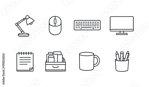 Office desk items: desk lamp, computer mouse, keyboard, monitor, notepad, desk organizer, coffee mug, pen holder
