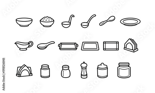 Home curry serving tools: serving bowl, rice bowl, ladle, serving spoon, platter, gravy boat, spoon rest, tray, table mat, napkin, napkin holder