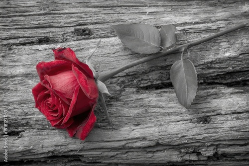 A vibrant red rose lies on a weathered, grayscale wooden surface