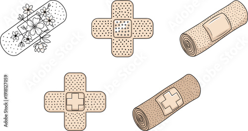 Adhesive bandage plaster set medical first aid patch vector illustration isolated on white background