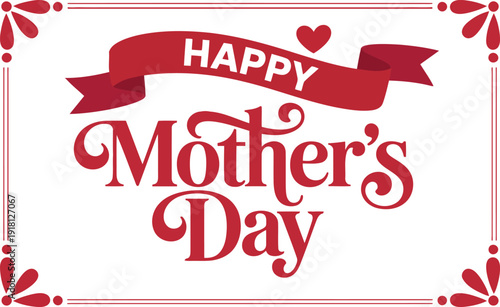 Happy Mother's Day Greeting Card Design with Red Ribbon Heart and Decorative Floral Corner Ornaments