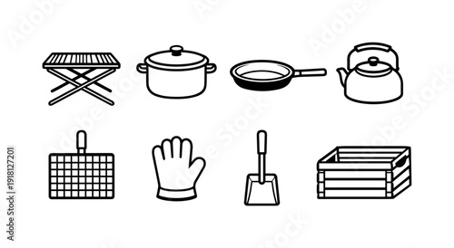 Outdoor camping fire cooking gear: campfire grill, cooking pot, frying pan, kettle, grill grate, fire glove, ash shovel, storage crate