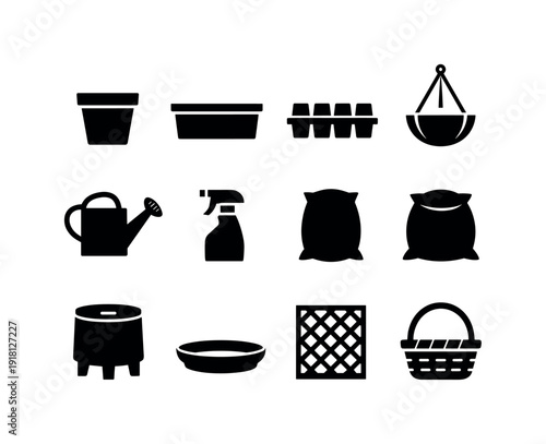 Home gardening containers: plant pot, planter box, seed tray, hanging basket, watering can, spray bottle, fertilizer bag, soil sack, compost bin