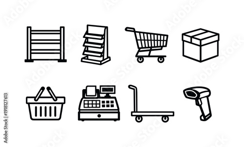 Store Essentials in linear style: shelf, display rack, shopping cart, product box, basket, cash register, trolley, barcode scanner