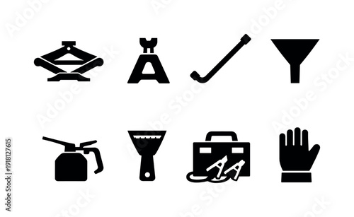 Outdoor car maintenance tools: car jack, jack stand, tire iron, oil funnel, oil can, windshield scraper, battery charger, work glove