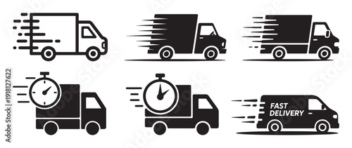 Scheduled shipping truck icons with clock and timer symbols silhouette. vector illustration eps 10