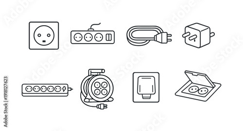 Home power outlets: wall socket, power strip, extension cord, plug adapter, surge protector, cable reel, outlet cover, floor outlet