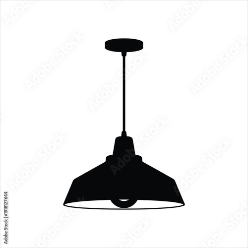 Industrial pendant light fixture silhouette in black on a white background. Vector illustration of a modern barn-style ceiling lamp for interior design.