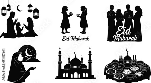 Eid Mubarak silhouettes, family prayer, mosque domes, gift exchange, festive food, lantern, crescent moon, Ramadan celebration, Islamic holiday illustration art