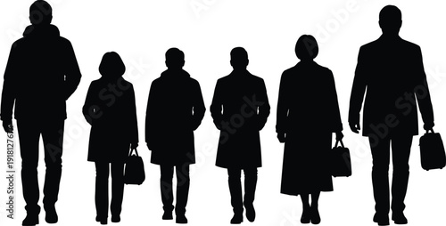 Walking people silhouettes, commuters in winter clothing, urban pedestrians, diverse individuals, lifestyle illustration, city life, business travel design art