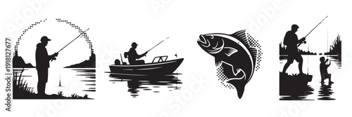 Set of fishing silhouette collection including fishermen in boat and on shore catching fish with rod and line hobby and outdoor activity