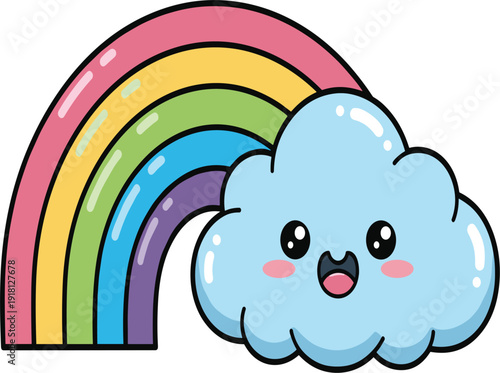 Cheerful kawaii-style blue cloud with a smiling face and pink cheeks positioned in front of a colorful five-banded rainbow on white background.
