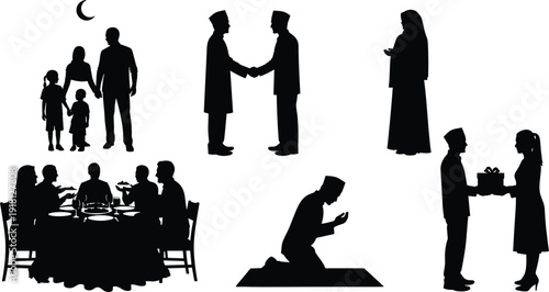 Eid celebration silhouettes, family togetherness, mosque domes, prayer devotion, gift exchange, festive dining, crescent moon, Ramadan festival, Islamic holiday illustration art