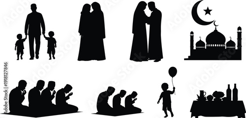 Eid celebration silhouettes, family unity, prayer devotion, mosque domes, festive dining, gift exchange, crescent moon, Ramadan festival, Islamic holiday illustration art
