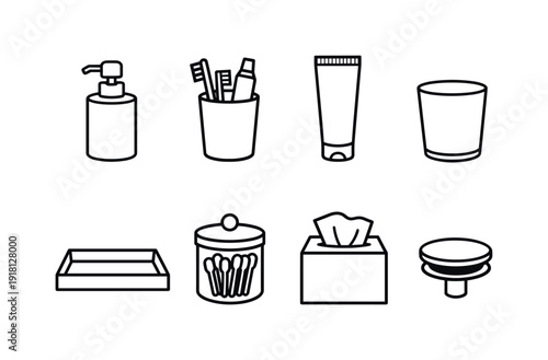 Home bathroom sink accessories: soap dispenser, toothbrush holder, toothpaste tube, rinse cup, vanity tray, cotton jar, tissue box, drain plug