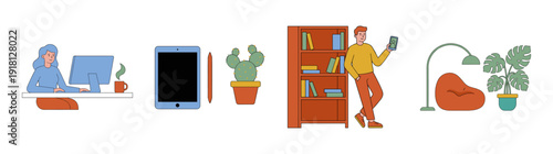 Flat Vector Remote Work and Home Office Character Element Kit for Modern Lifestyle Design