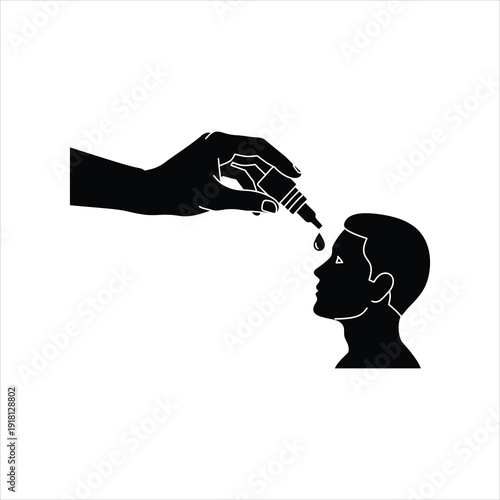 Black silhouette of a hand applying eye drops to a person's eye, symbolizing medical treatment or care.
