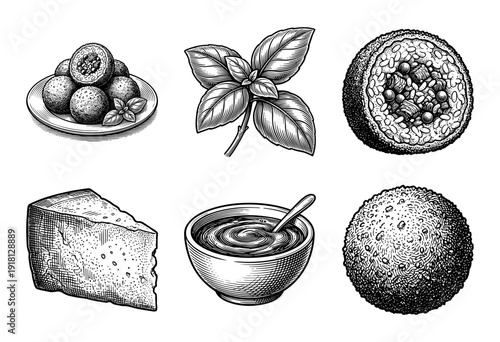 Set of hand drawn engravings featuring arancini rice balls with basil cheese and dipping sauce in a vintage woodcut style.