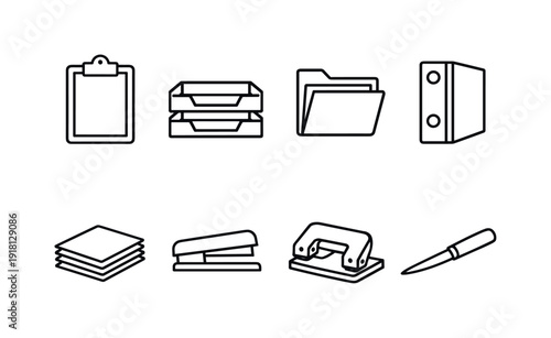 Office document workflow tools: clipboard, document tray, file folder, ring binder, paper stack, stapler, hole punch, letter opener