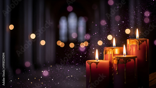 Lit red candles in a dark room with blurred lights and cathedral background