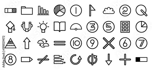 Business and education icon collection featuring heavyweight vector pictograms of charts, numbers, arrows, lightbulb, folder, and book in a thick outline style.