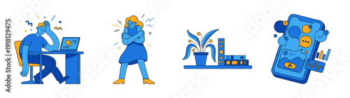 Flat Vector Emotional Burnout and Digital Connectivity Element Kit for Modern Workplace Mental Health