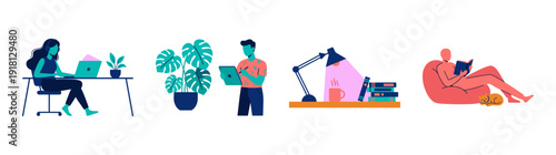 Flat Vector Remote Work and Creative Hobby Character Element Kit for Modern Lifestyle and Freelance Branding