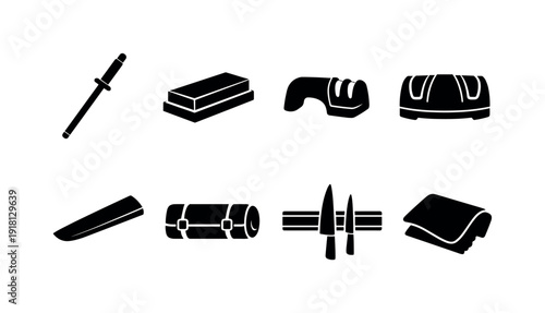 Kitchen knife care tools: honing rod, sharpening stone, manual sharpener, electric sharpener, blade guard, knife roll, magnetic strip, cleaning cloth