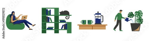 Flat Vector Lifestyle Illustration Element Kit for Remote Work and Home Wellness Concepts