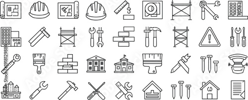 Extensive set of building and architecture vector icons featuring house plans scaffolding brick walls paint brushes and safety gear in a minimal line art style for industrial design 
