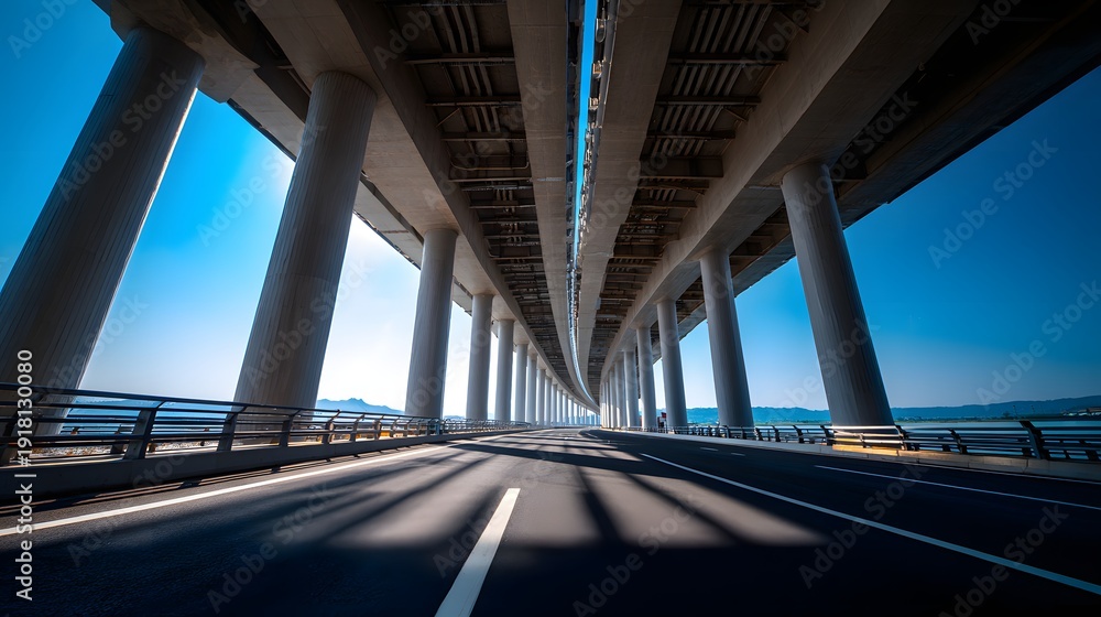 Fototapeta premium Modern elevated highway structure with strong architectural lines and shadows under a clear blue sky.