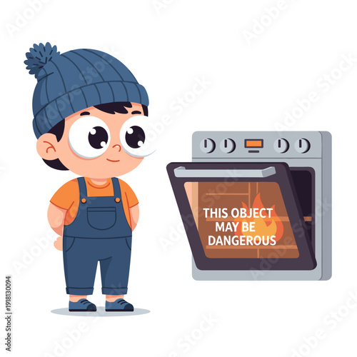 little boy in overalls looking at hot open oven, warning safety concept on white background with copy space, for educational materials and parenting blogs