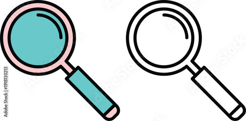 Magnifying glass search icon set outline and colored vector illustration isolated on white background