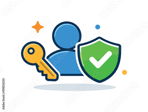 Digital security awareness and password protection for online accounts, a key paired with a user profile icon and a shield representing safe access