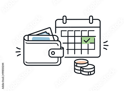 Mindful personal finance organization and routine money review in everyday life focused on stability and awareness, a wallet paired with a calendar