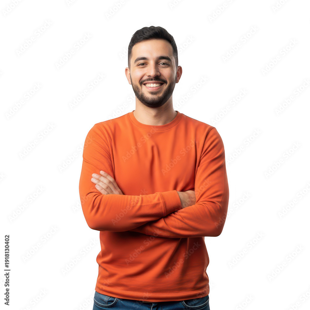 Fototapeta premium Smiling man in orange shirt isolated on transparent background