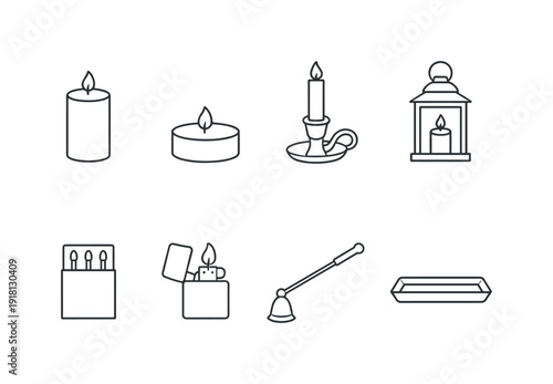 Home candle accessories: pillar candle, tealight candle, candle holder, lantern, matchbox, lighter, snuffer, wax tray