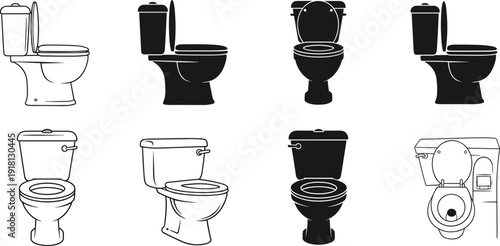 Black and white vector silhouette set of various modern ceramic toilet bowls and commodes from side and front view for bathroom plumbing and interior branding
