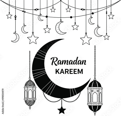 Festive Ramadan Kareem black line art illustration featuring a large central crescent moon, hanging ornate lanterns, and suspended stars and moons on white background.