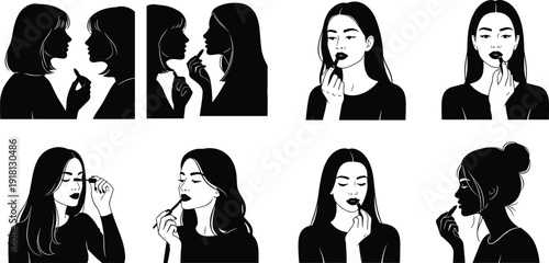 Black and white vector silhouette set of young women applying lipstick and mascara for beauty salon cosmetics fashion and personal grooming lifestyle branding