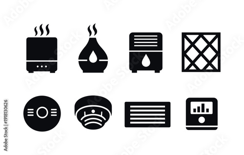 Home air quality devices: air purifier, humidifier, dehumidifier, air filter, carbon monoxide detector, smoke detector, vent cover, air monitor