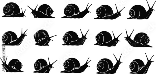 Black vector silhouette and icon set of diverse snails featuring various shell shapes and slime trails for garden wildlife nature conservation and gastropod branding