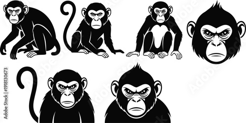 Black vector silhouette and icon set of diverse monkeys and chimpanzees featuring various sitting poses and expressive primate faces for wildlife nature and zoo branding