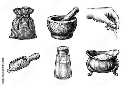 Vintage engraving style collection of salt and spice containers featuring a mortar and pestle, burlap sack, wooden scoop, glass shaker, and ornate cellar.