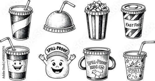 Vintage hand drawn fast food and kids party drink cups engraving illustration