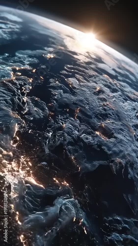 Aerial view of Earth at night showcasing city lights and natural features