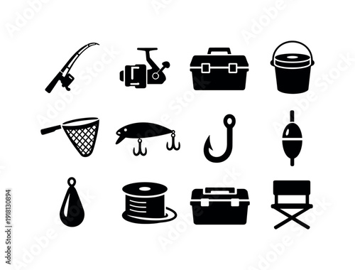 Outdoor fishing equipment: fishing rod, reel, tackle box, bait bucket, fishing net, lure, hook, float, sinker, fishing line spool, cooler box, folding